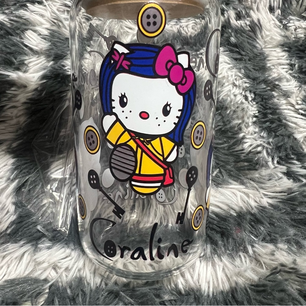 Hello Kitty Coraline Glass Cup with Bamboo Lid and glass Straw NIB handmade - Picture 3 of 4